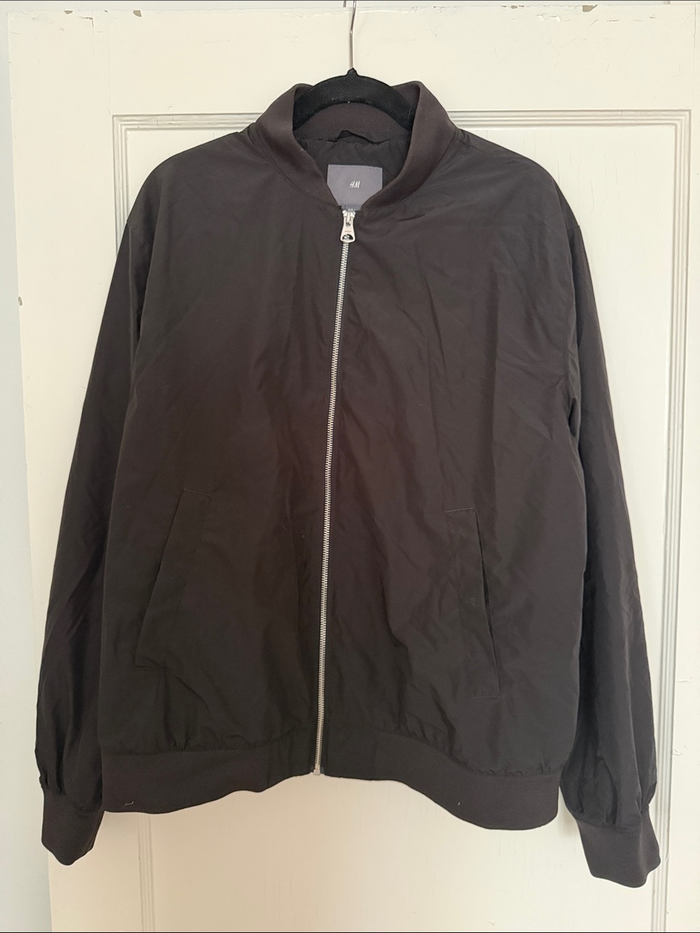 H&M Men's Dark Brown Bomber Jacket with Silver Zip